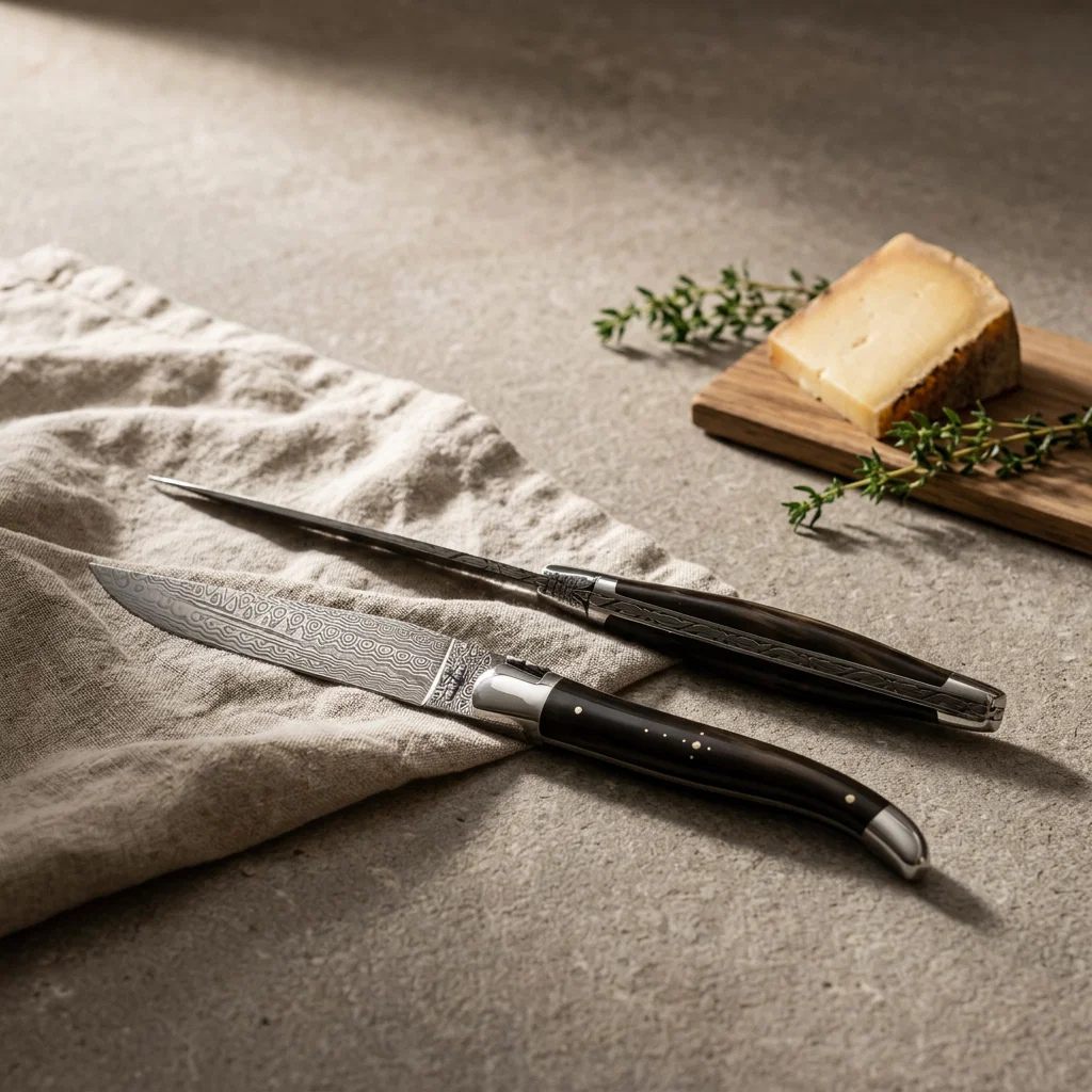 A pair of Dark Horn Collection Range table knives with Damascus steel blades on limestone and linen beside aged cheese and thyme
