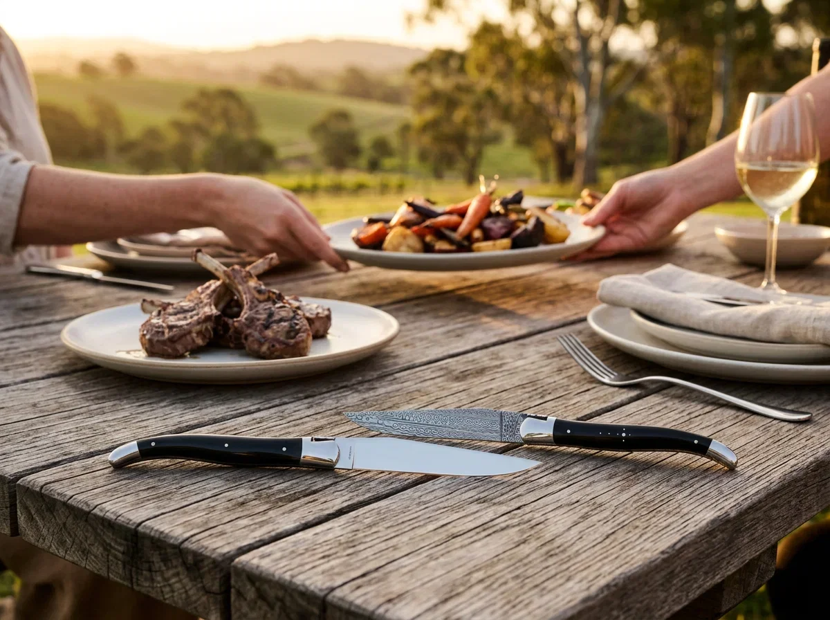 A guest cutting a lamb cutlet with a dark horn Collection Range Damascus table knife at a golden-hour vineyard lunch, a dark horn Tradition Range table knife laid beside a fork on a linen napkin at the next place