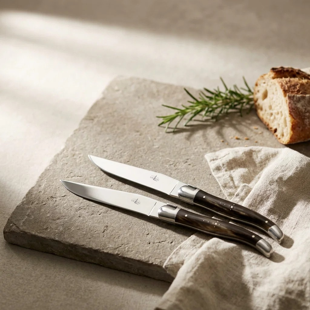 A pair of Dark Horn Tradition Range table knives with polished blades on limestone and linen beside sourdough and rosemary