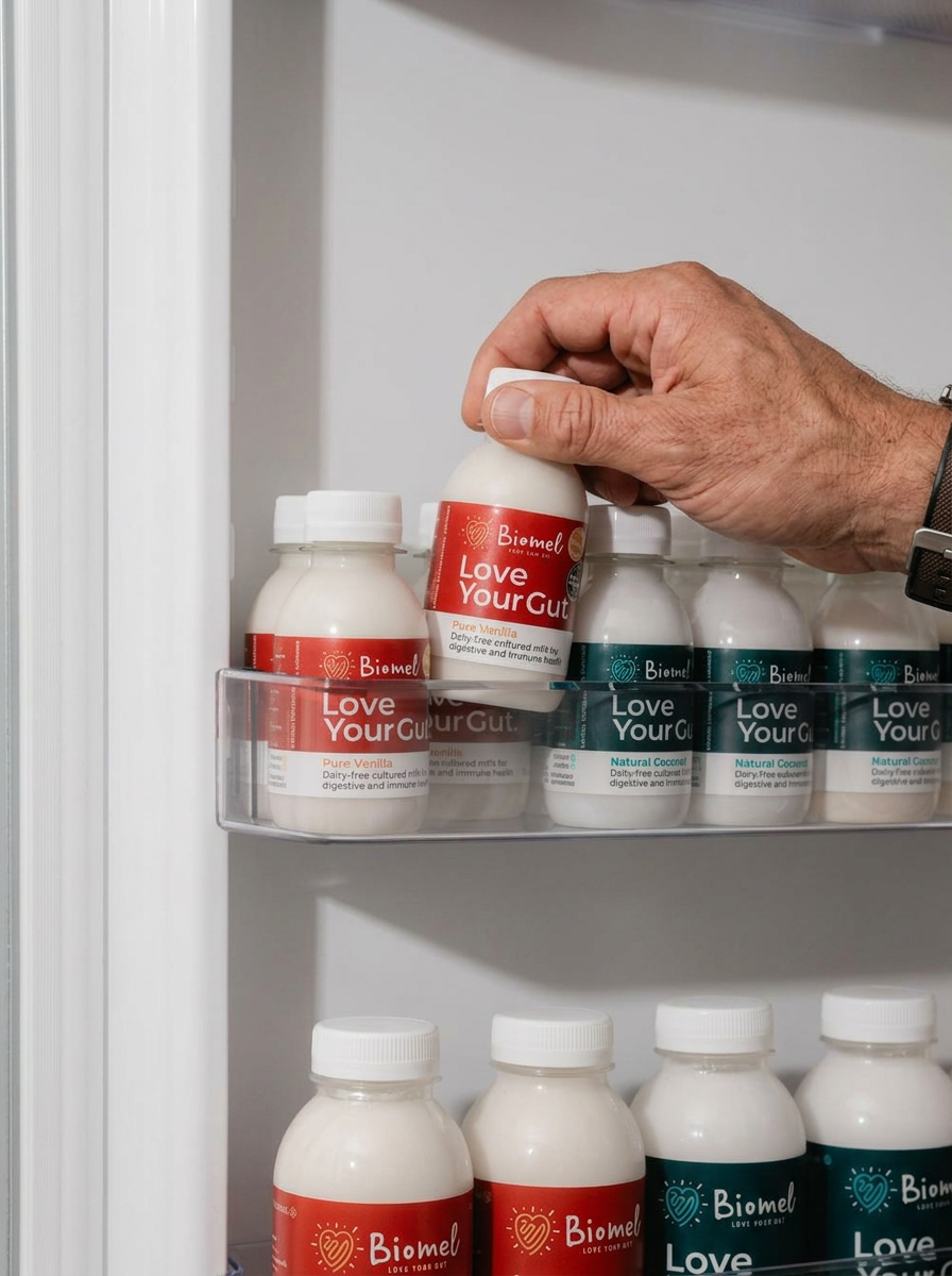 A hand reaching for a red-labeled BiomeL Love Your Gut bottle among other probiotic drink bottles in a fridge