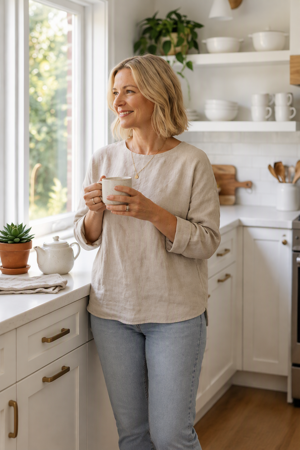 Smiling woman holding a mug, standing by a window in a bright, modern kitchen