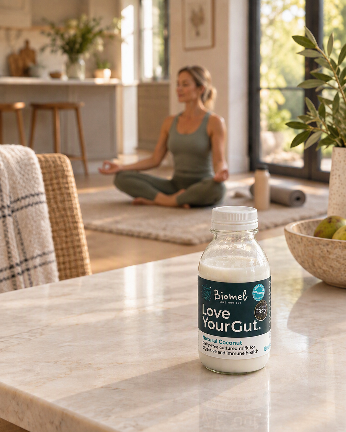 A woman in workout clothes sitting cross-legged meditating in a bright living room with a BioMel Love Your Gut drink on the table