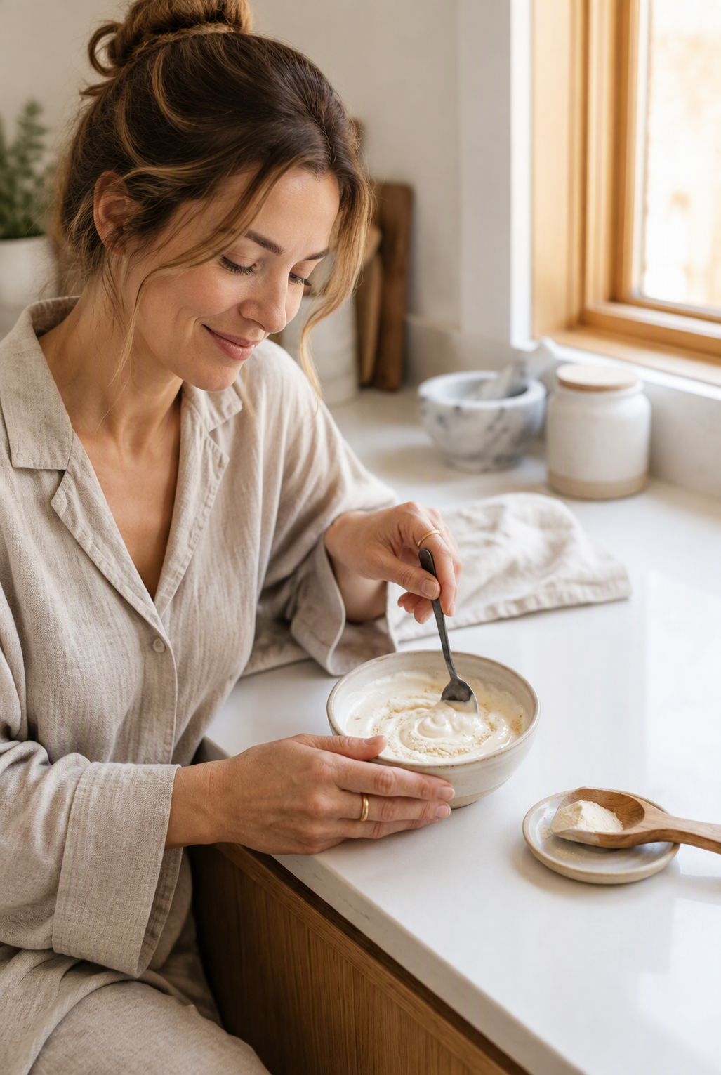 A woman in beige pajamas stirring a bowl of creamy porridge at a kitchen counter near a window.