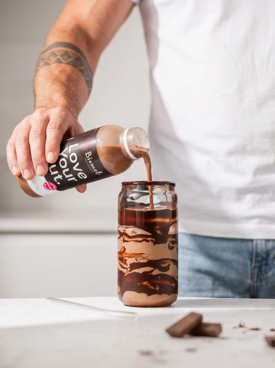 Person pouring a chocolate beverage from a bottle into a glass with chocolate swirls