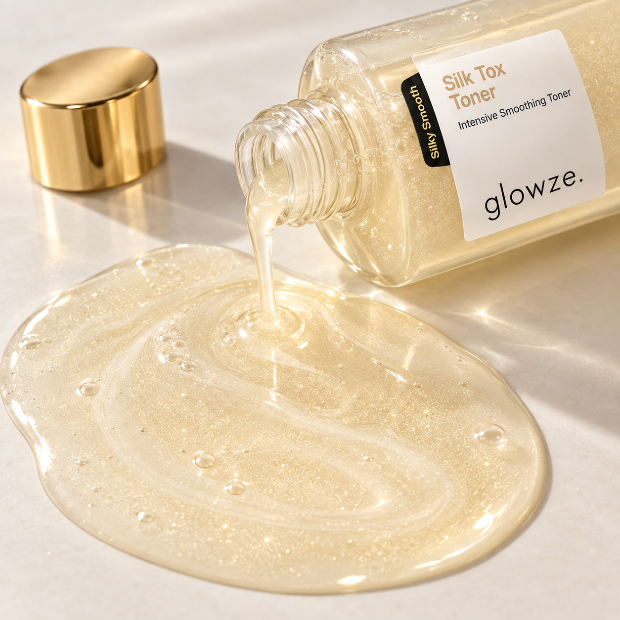 Macro of golden ceramide capsules suspended in silky liquid