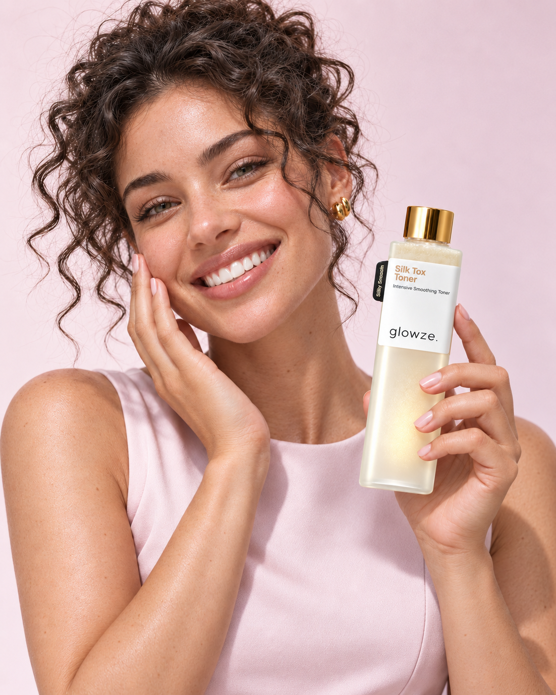Smiling woman with smooth, plump, dewy skin holding the Glowze Silk Tox Toner