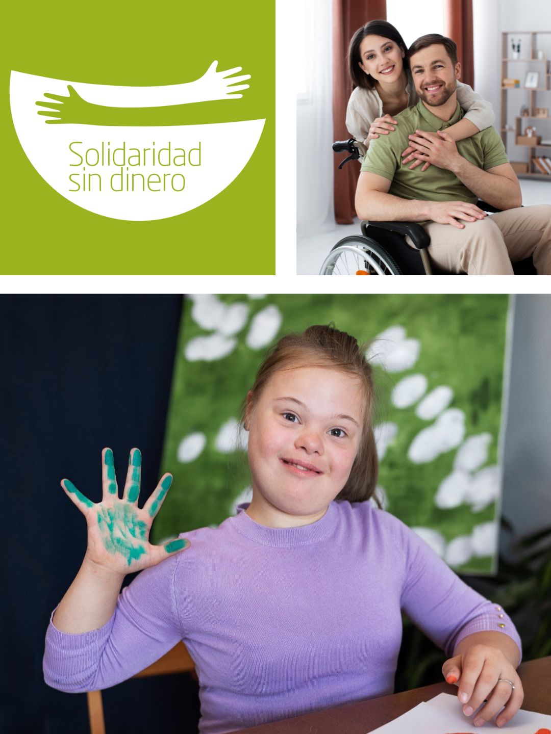 Collage with solidarity logo, couple with man in wheelchair, and girl with Down syndrome showing painted hand