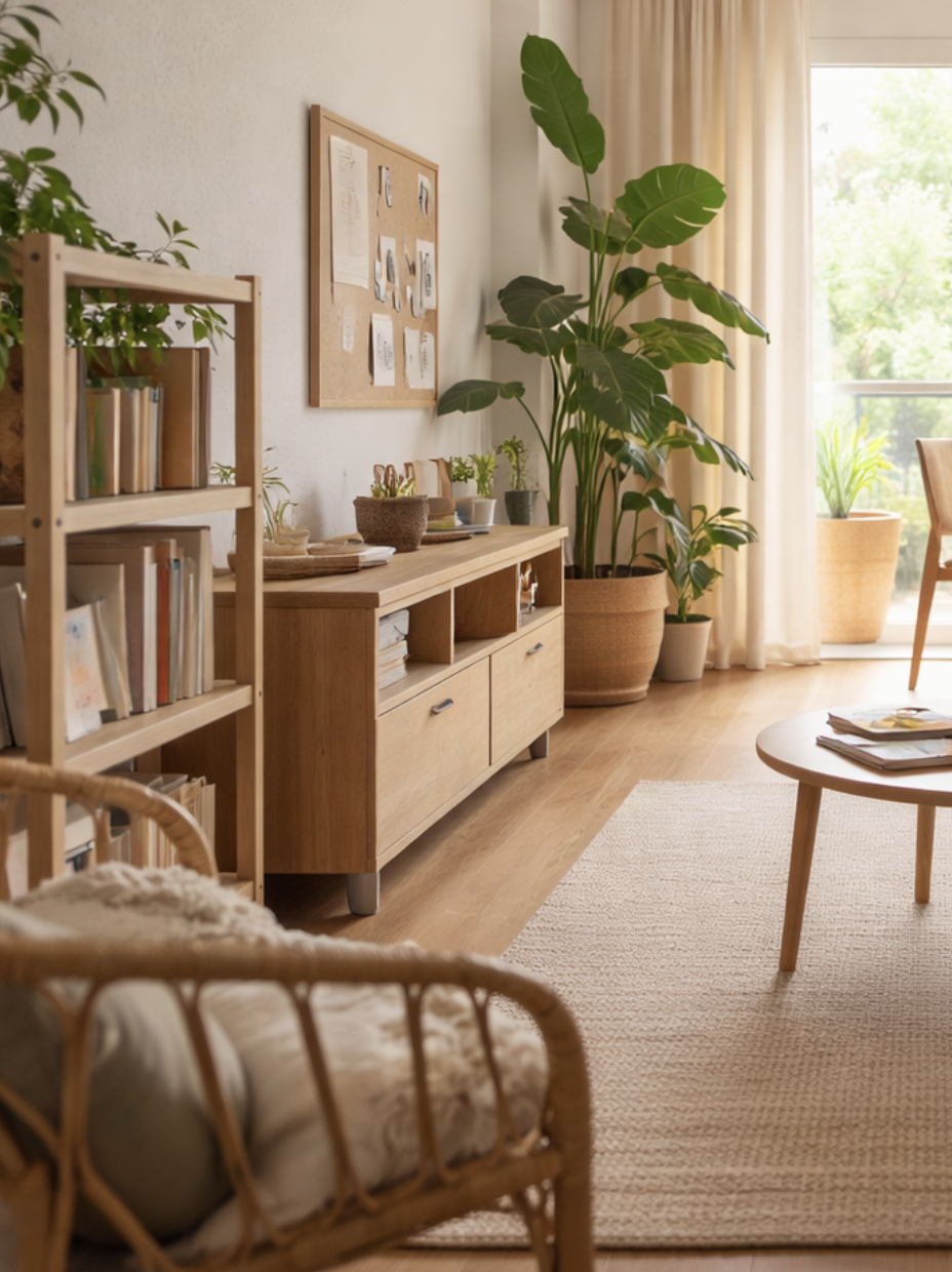 Living room with wooden furniture, plants, bookshelf, and natural light from large window
