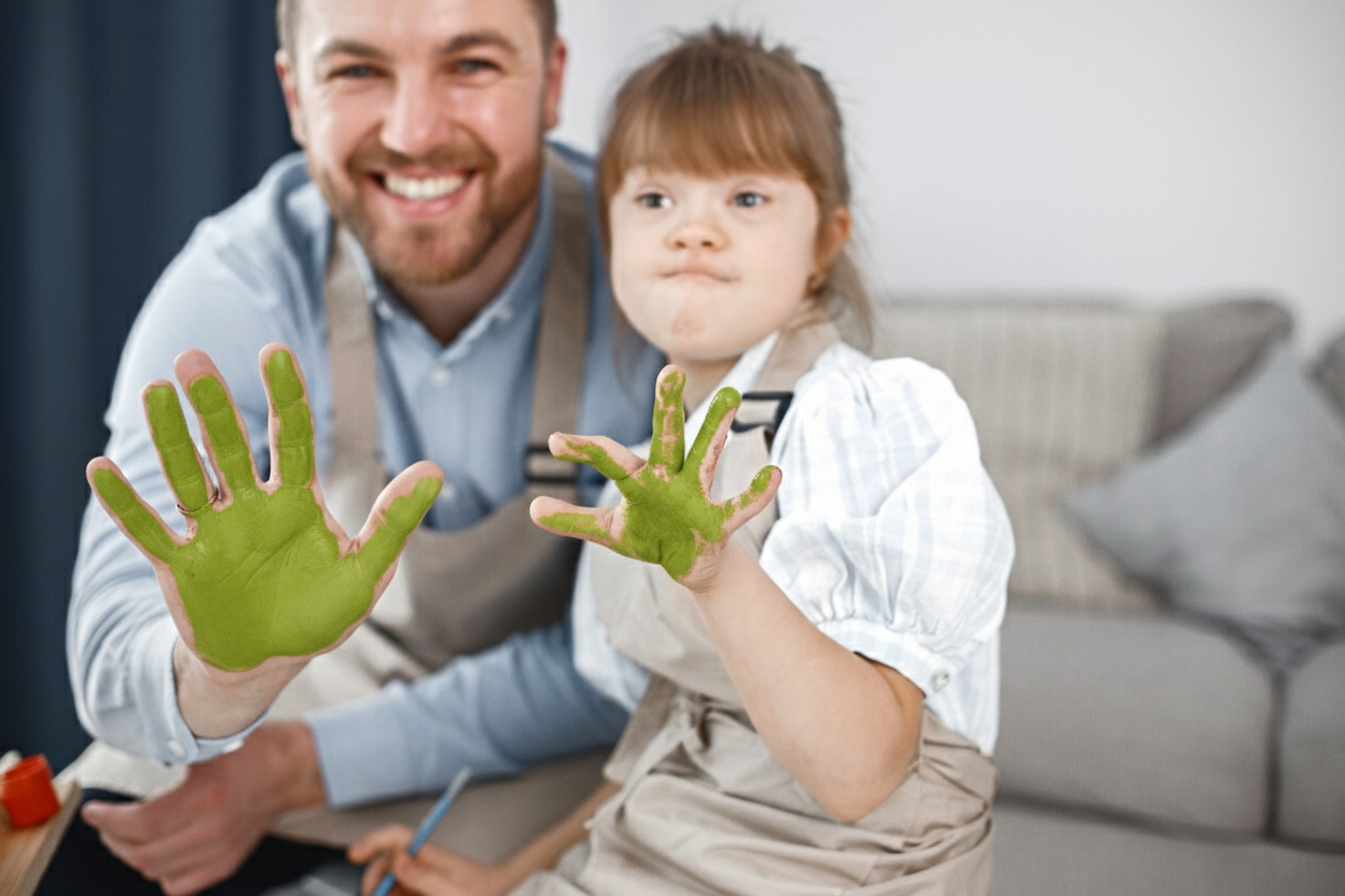 Smiling man and young girl with green paint on their hands showing them to camera indoors