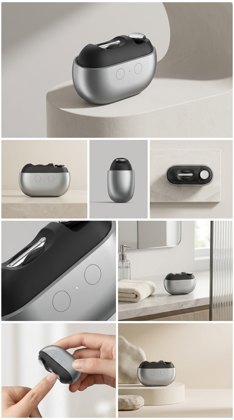 Multiple views of a compact stainless steel electric shaver with black top and buttons