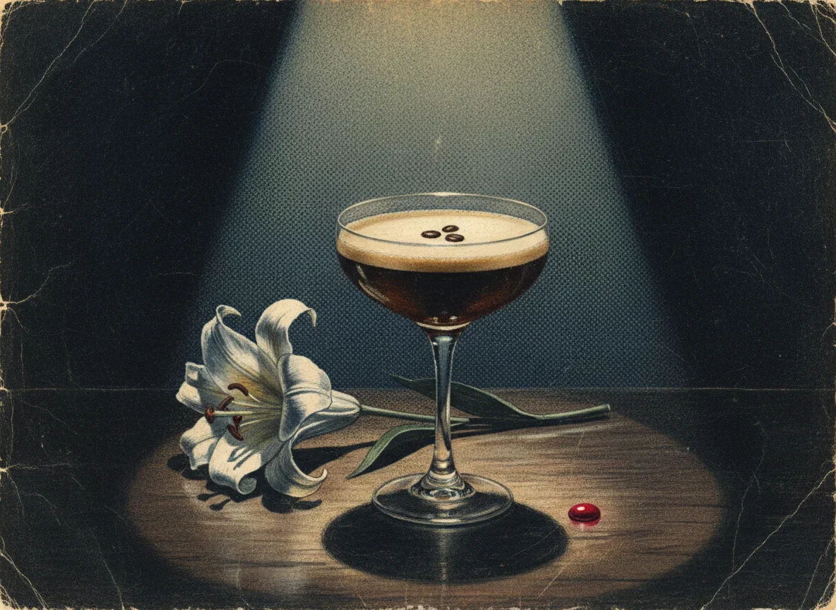 Painted espresso martini with three coffee beans beside a funeral lily