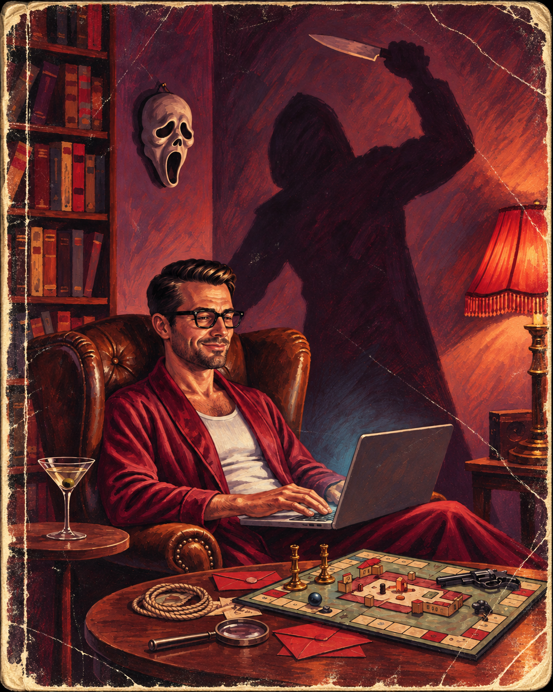 Worn vintage pulp-cover painting: the writer, in glasses and a red robe, smiles as he types at a laptop in a leather armchair beside a bookcase and a martini, while a hooded killer's shadow raises a knife on the wall behind him; on the table in front sit a murder mystery board game, a revolver, rope, a magnifying glass and red envelopes