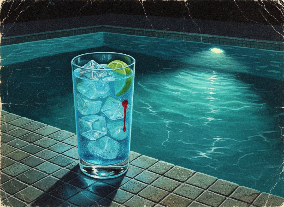 Painted tall blue gin cocktail with a lime wheel on the edge of a pool at night
