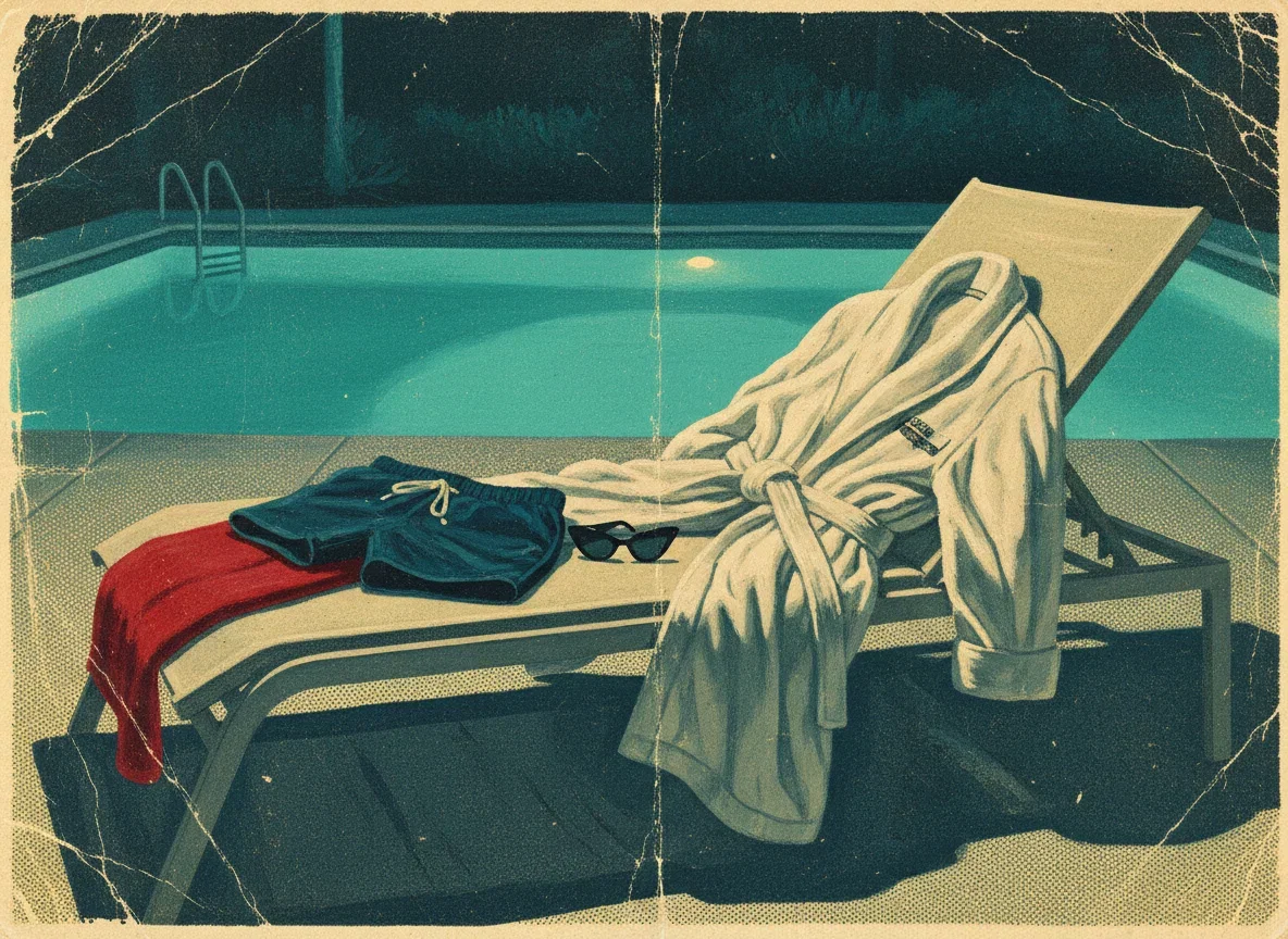Painted still life of swim trunks, a red towel and an untied robe on a lounger beside a glowing pool