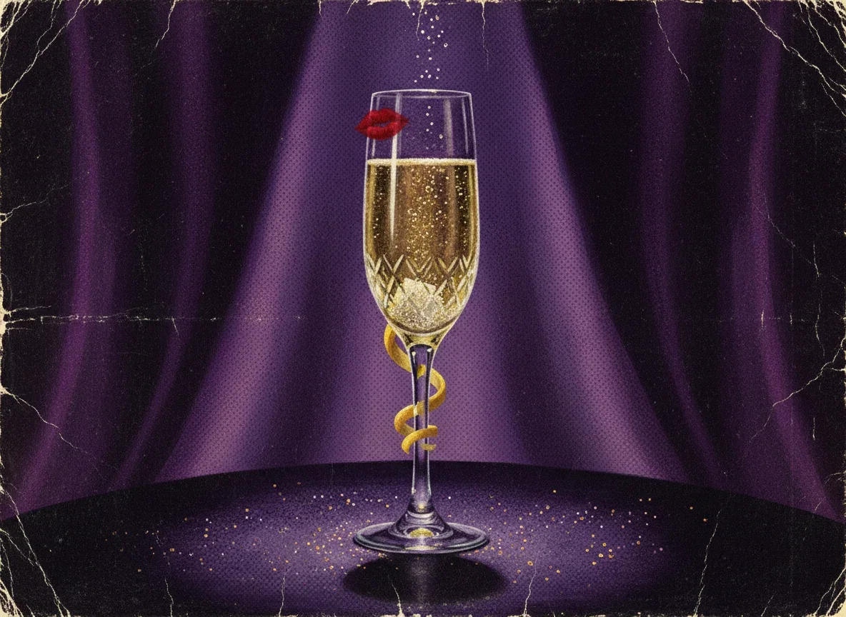 Painted champagne cocktail with a lemon twist and a lipstick mark on the glass