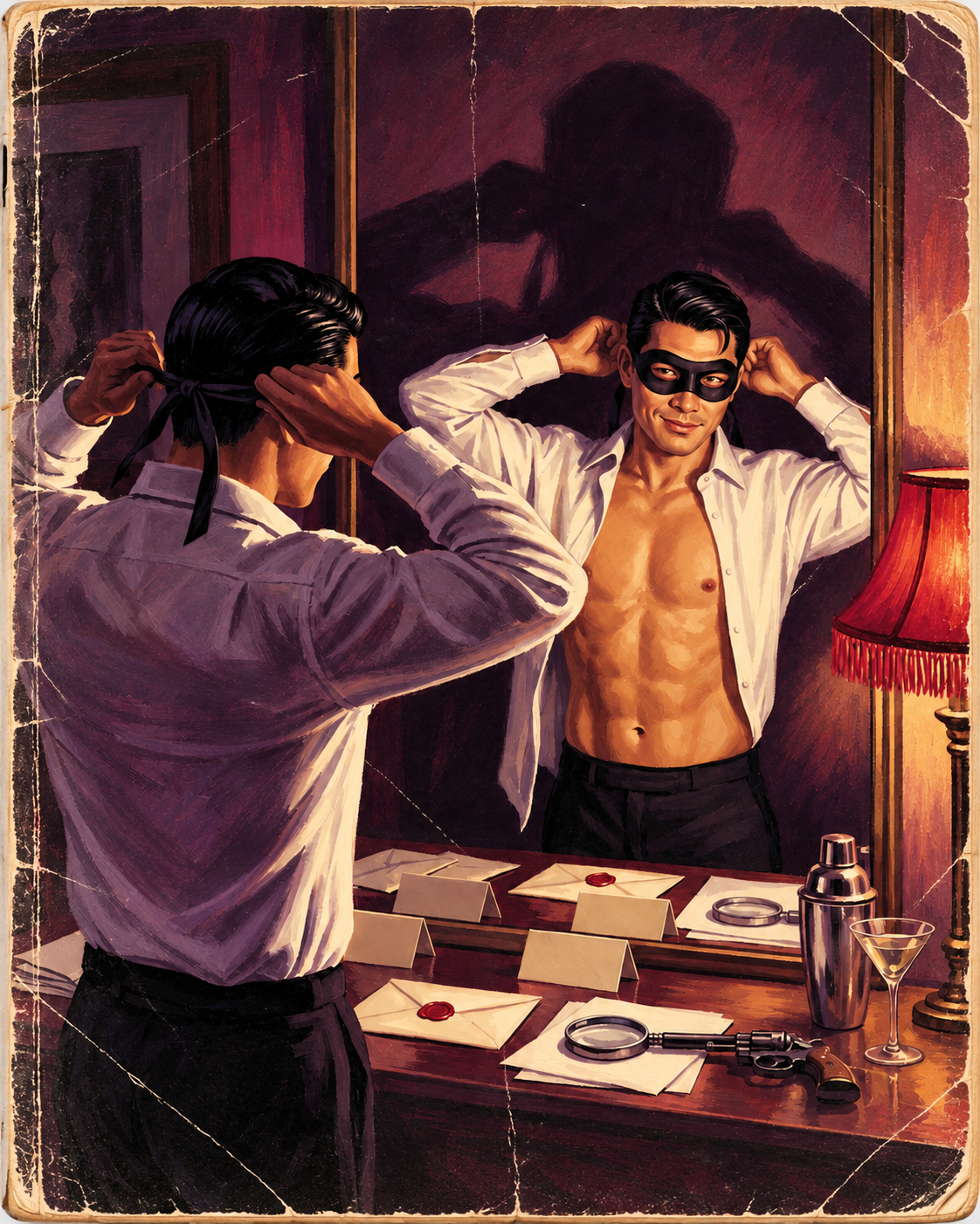 Worn vintage pulp-cover painting: the host, a handsome East Asian man in an open white shirt, ties on a black eye mask at a gilt mirror and smirks at his reflection while a menacing shadow looms on the wall behind; the dresser before him holds wax-sealed envelopes, place cards, a magnifying glass, a revolver, a cocktail shaker and a martini beside a red fringed lamp