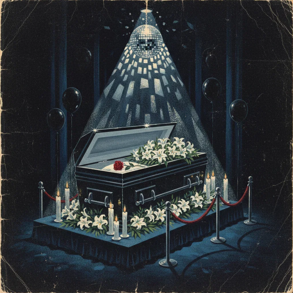 Painted open coffin heaped with lilies under a disco ball, a single red rose inside