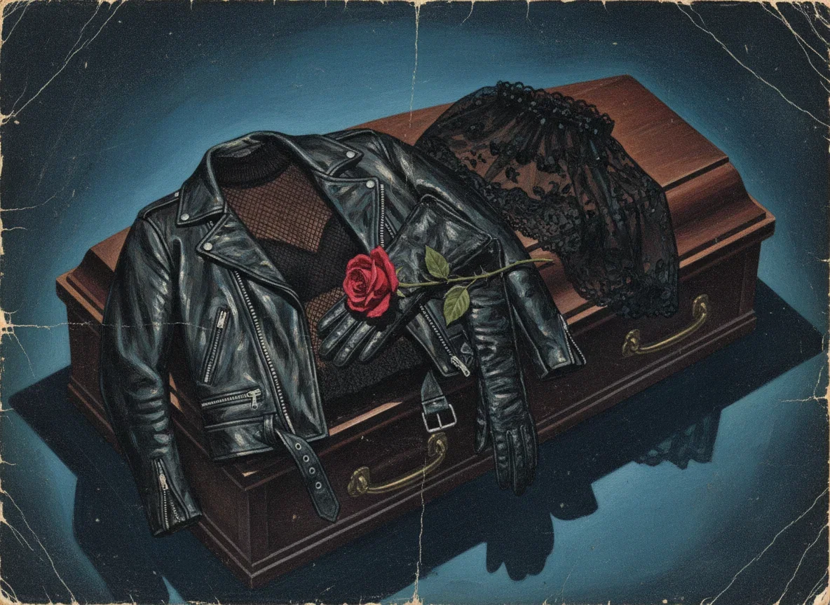 Painted still life of a black leather jacket, mesh top, lace veil and a red rose on a coffin