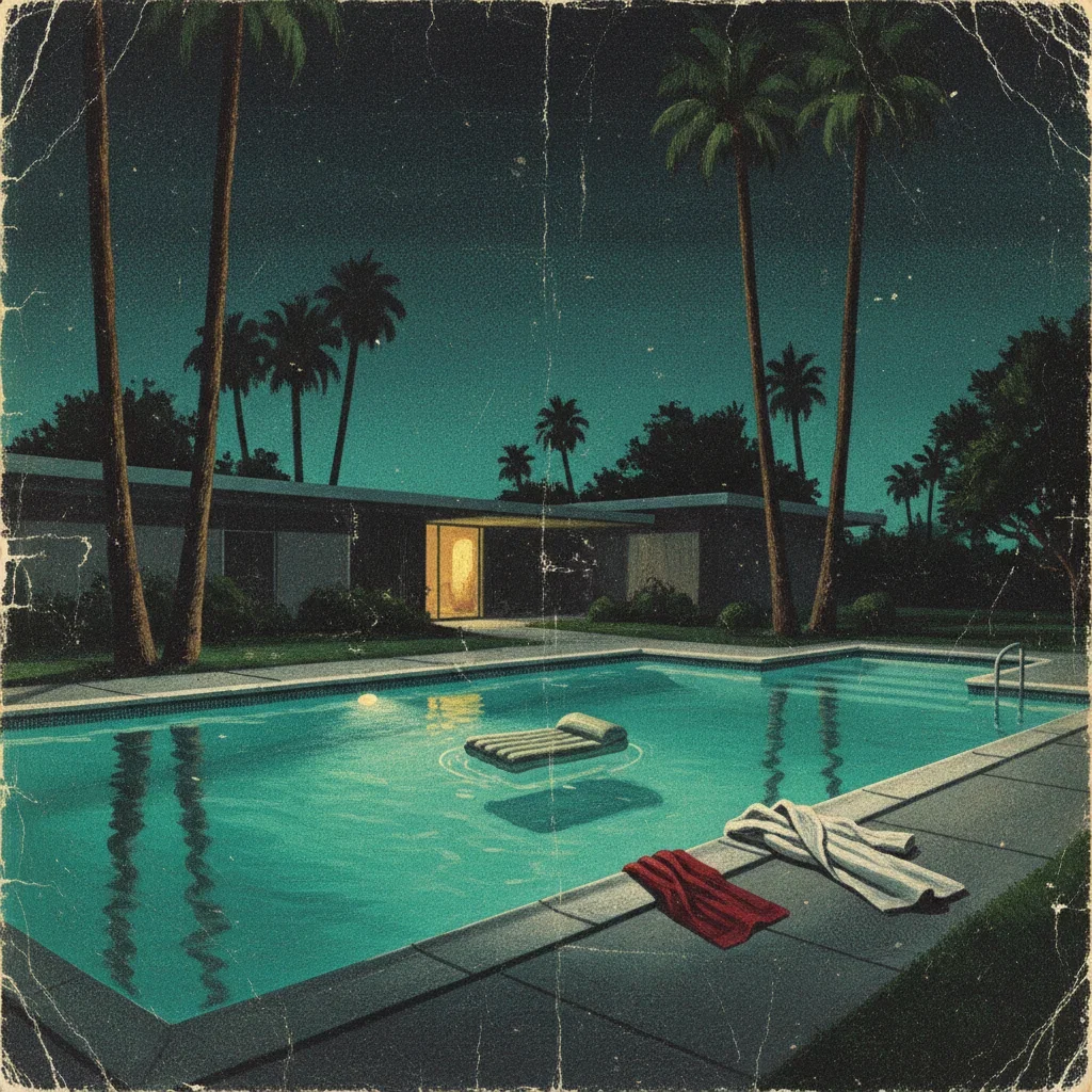Painted midcentury resort pool at night, an empty lounger drifting and a red towel left at the edge