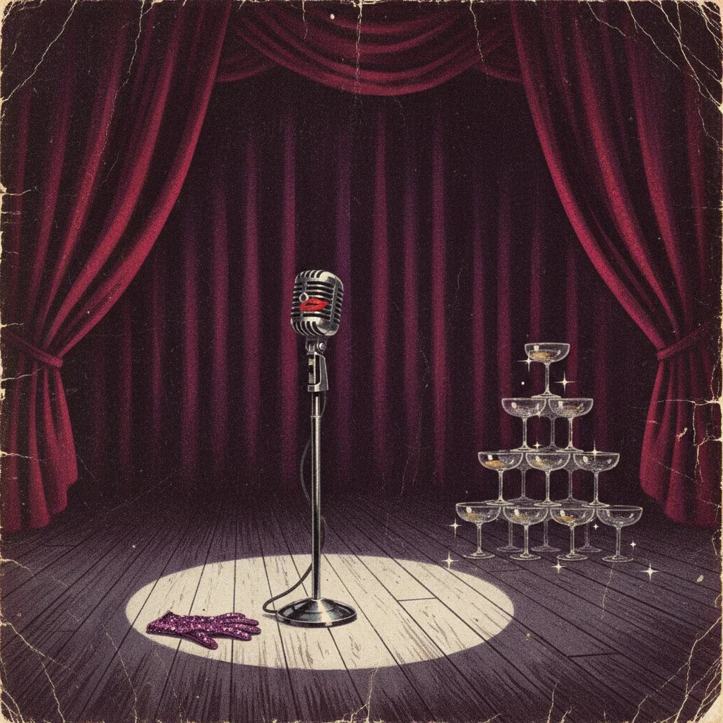 Painted empty gala stage with a lipstick-marked microphone in the spotlight and a dropped sequinned glove