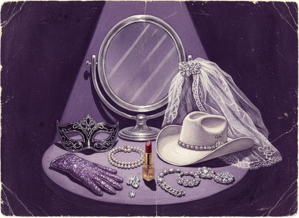 Painted dressing table with a sequinned glove, masquerade mask, pearls, a cowboy hat and a bridal veil