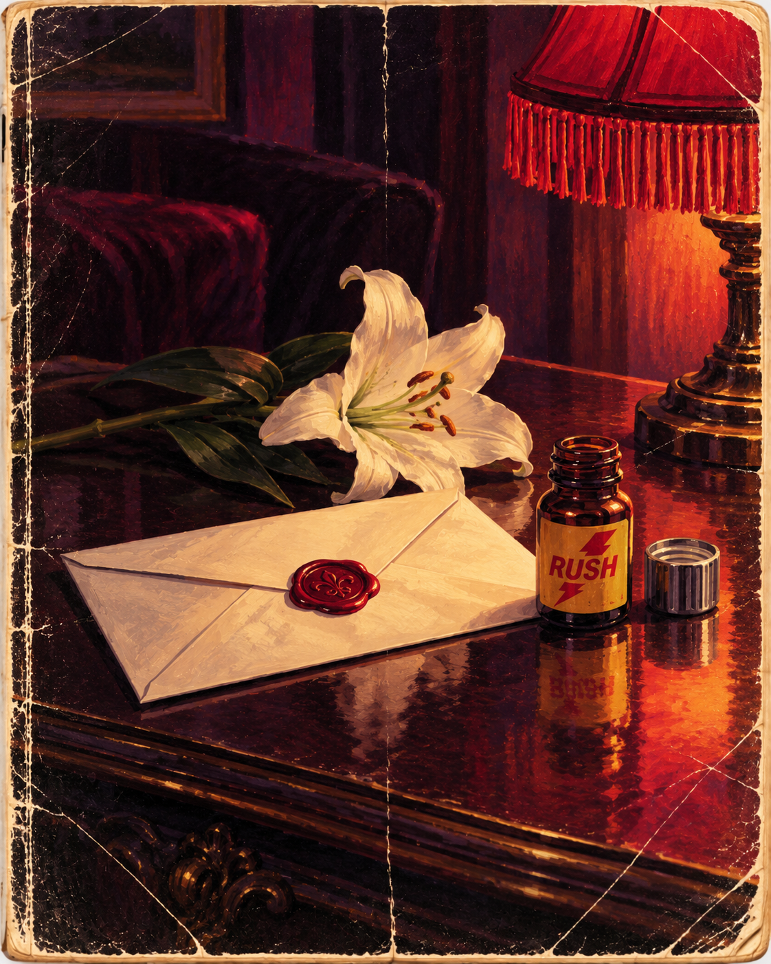 Painted still life of a sealed envelope with a red wax seal, a white funeral lily and an open bottle of Rush poppers on a polished side table under a red fringed lamp