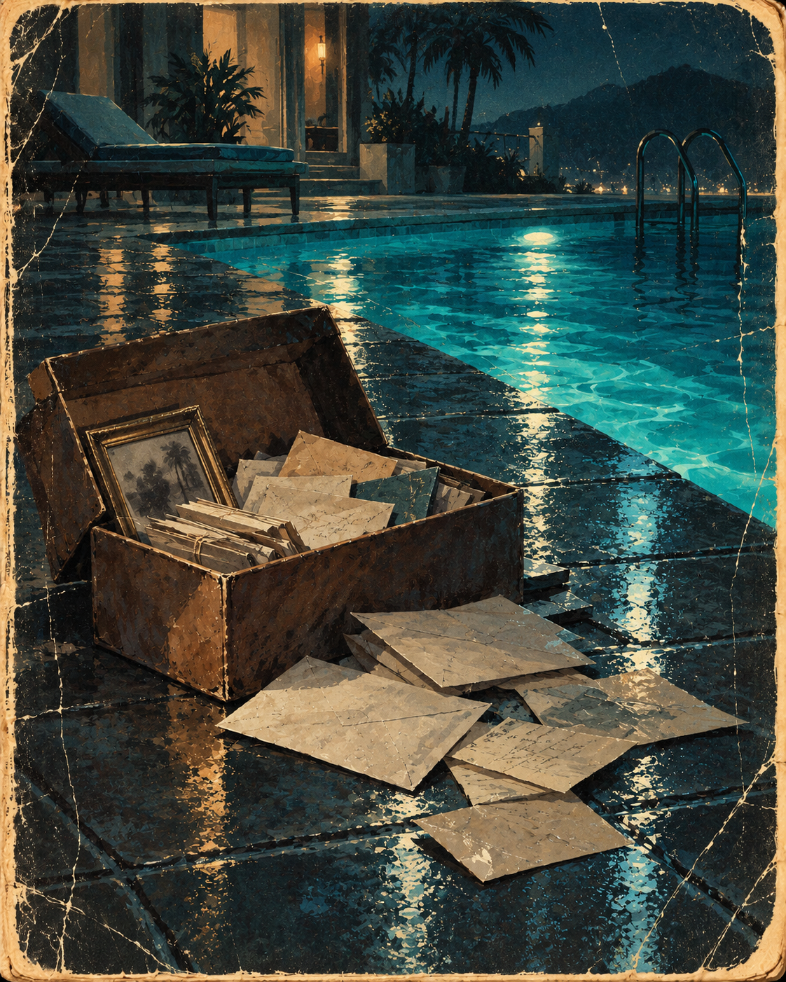 Painted still life of an open box of old letters and a framed photo, more letters spilled across a wet pool deck beside a glowing pool at night