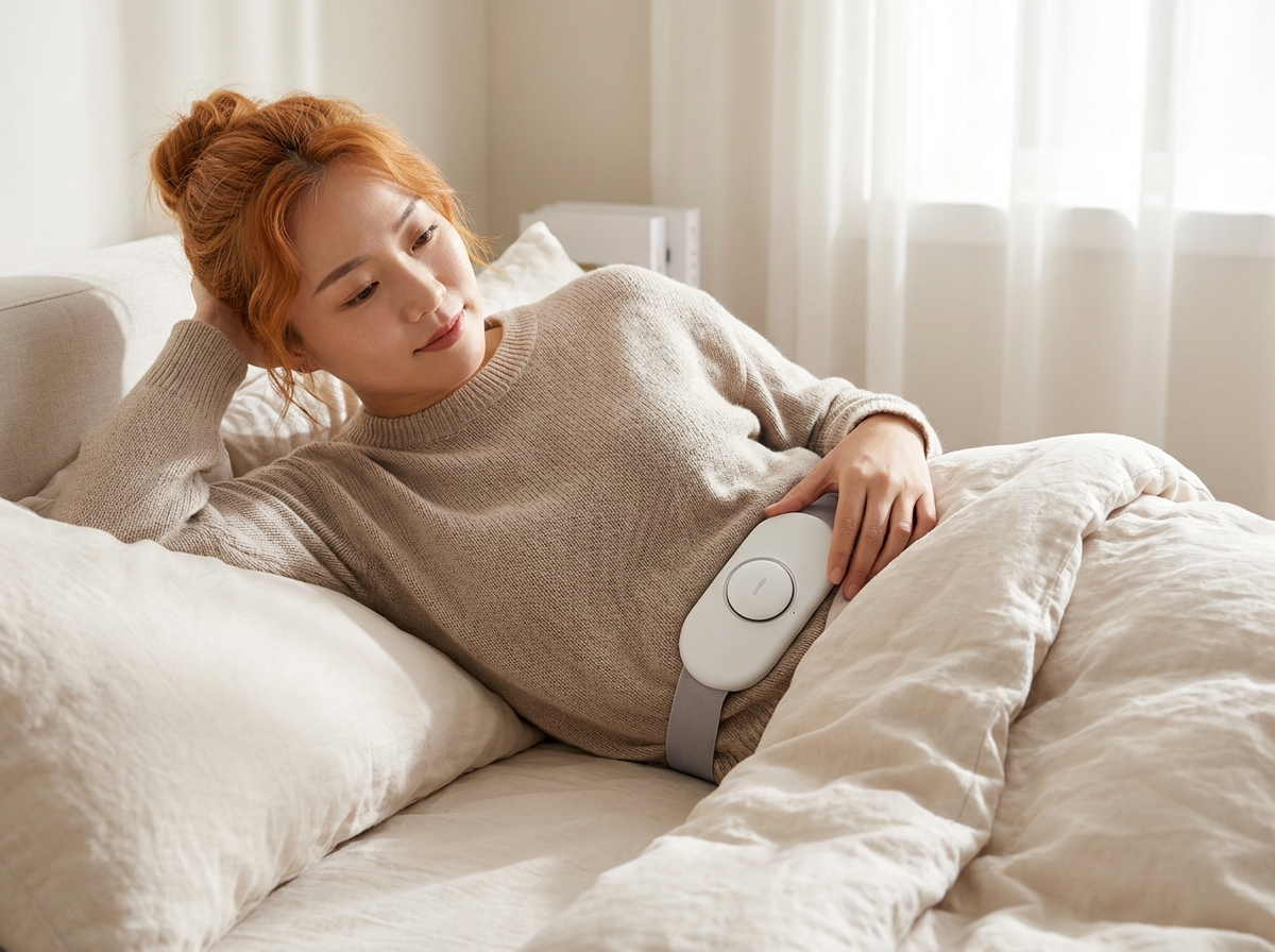 A woman lying on a couch with a beige sweater and a heat therapy belt on her abdomen