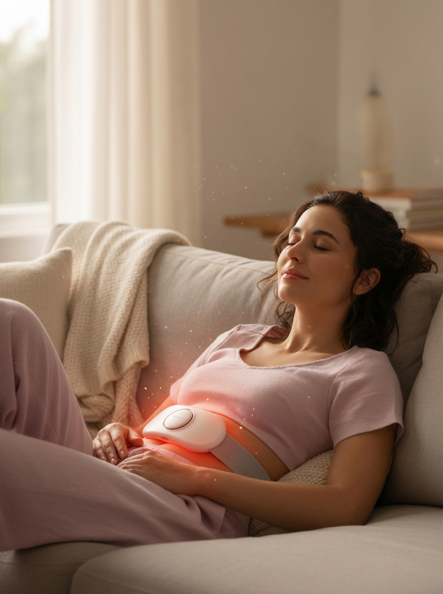 Woman lying on sofa with eyes closed using a glowing heat therapy device on her abdomen