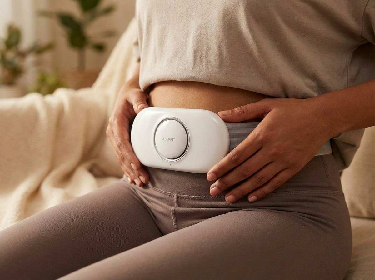 Close-up of person wearing a white abdominal device with adjustable strap