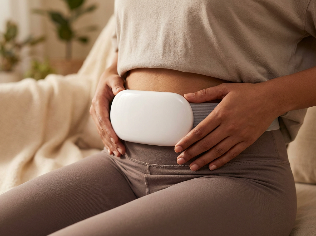 Close-up of a woman wearing a white waist pain relief device on her lower abdomen, seated indoors