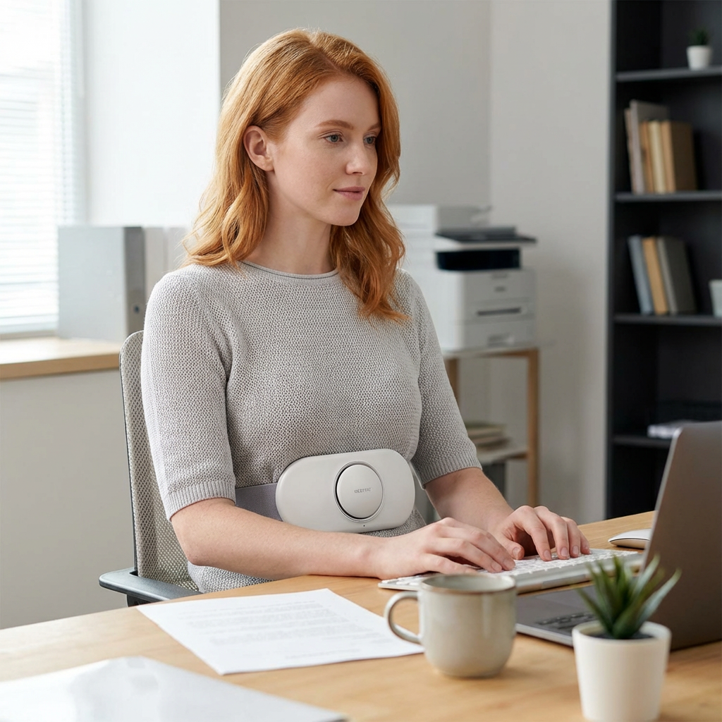 A woman with red hair wearing a gray sweater using a white heating pad around her waist while typing on a keyboard