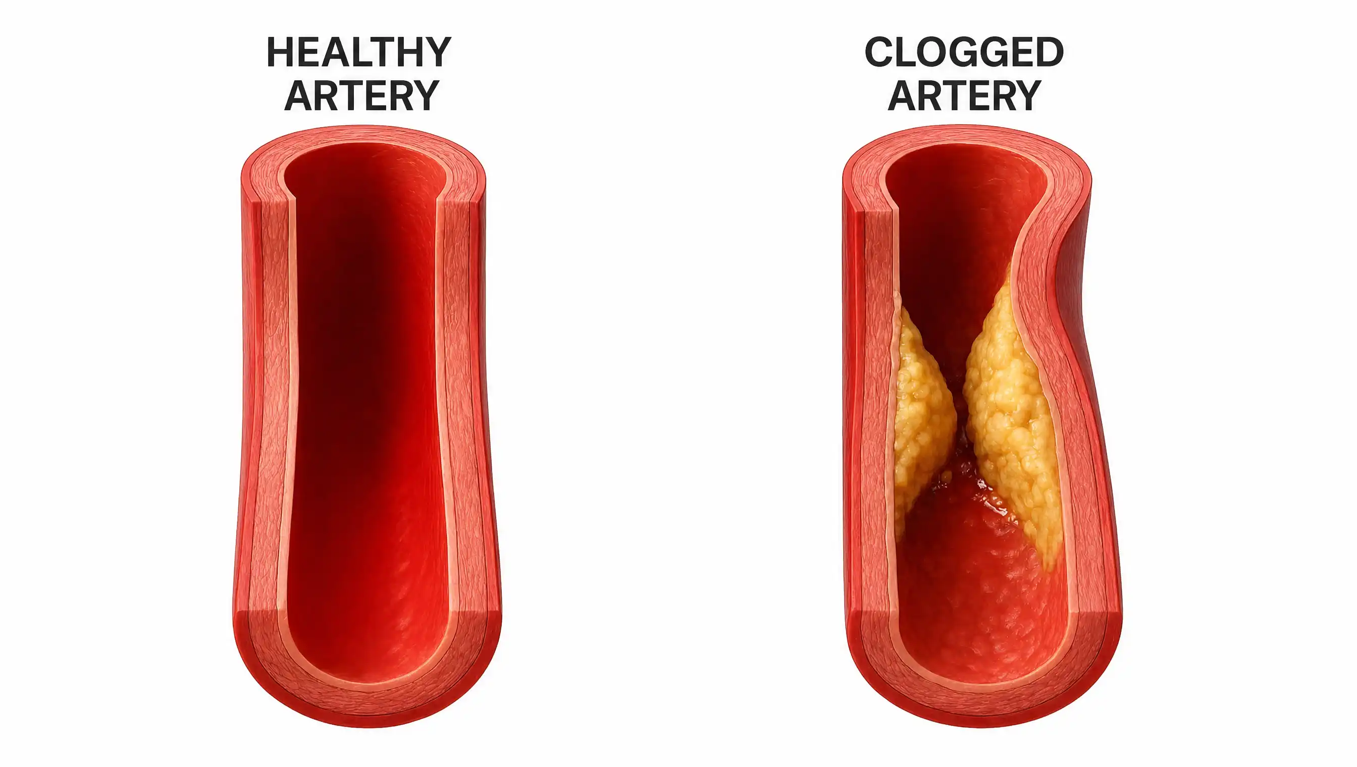Medical illustration of an artery cross-section with a worn inner lining, stiff wall layers and oxidized cholesterol particles clinging to the vessel wall