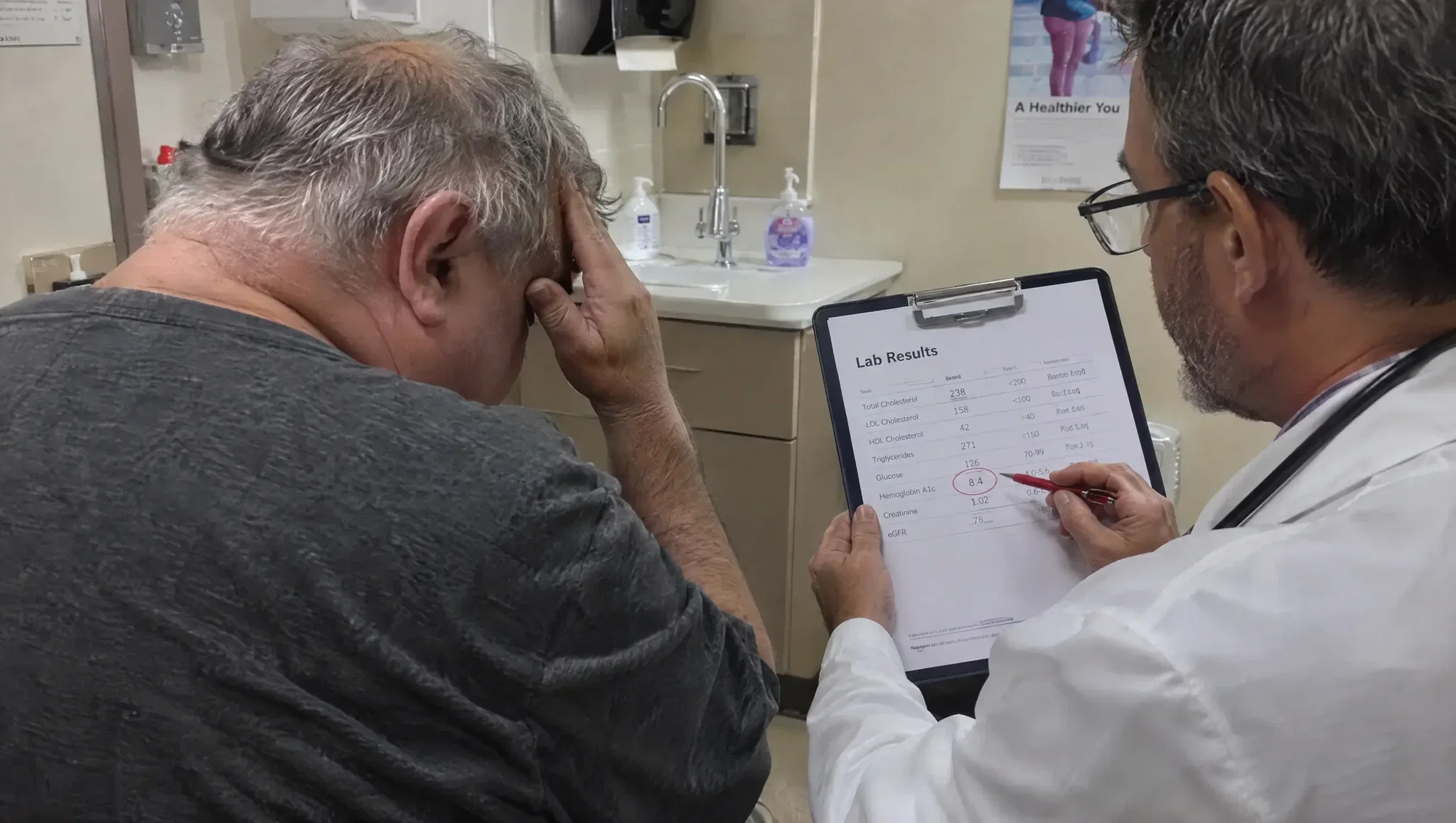 A frustrated man in his sixties at his kitchen table, blood pressure cuff on his arm, staring at the monitor beside a bowl of plain oatmeal and a cup of coffee