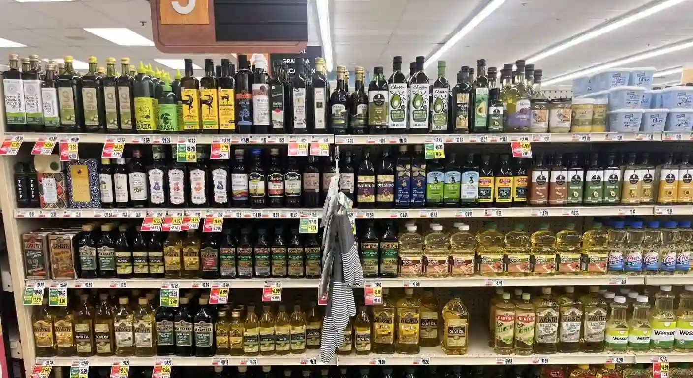 A supermarket shelf of pale refined cooking oils in clear plastic bottles under harsh fluorescent light