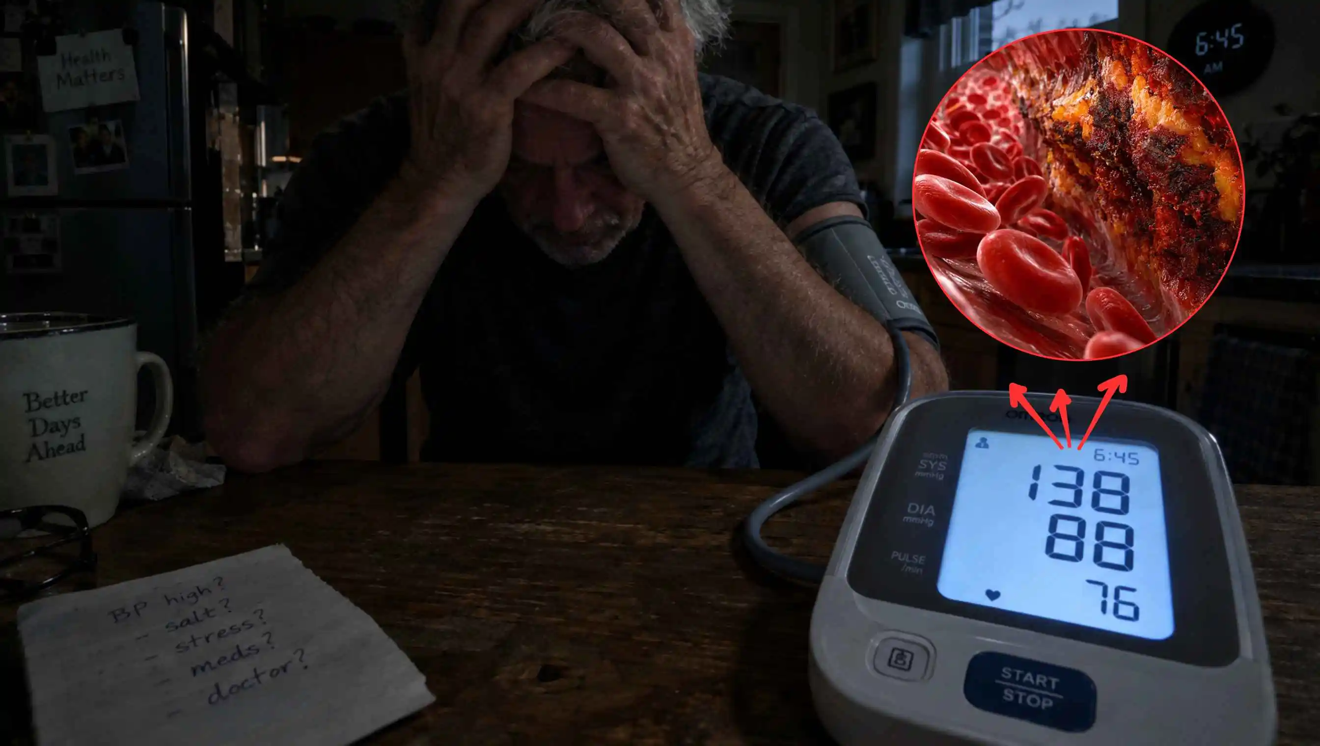 A senior man at his kitchen table checking his blood pressure monitor with a calm, relieved expression