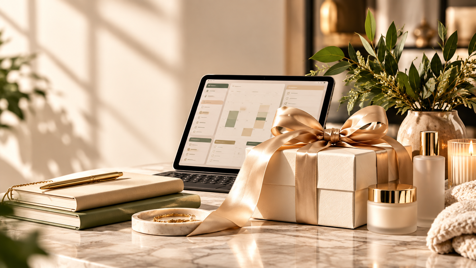 Editorial still life on a cream linen table: a tablet showing a sage digital planner, a linen journal, a gift box tied with gold ribbon, a frosted skincare bottle and a ceramic vase