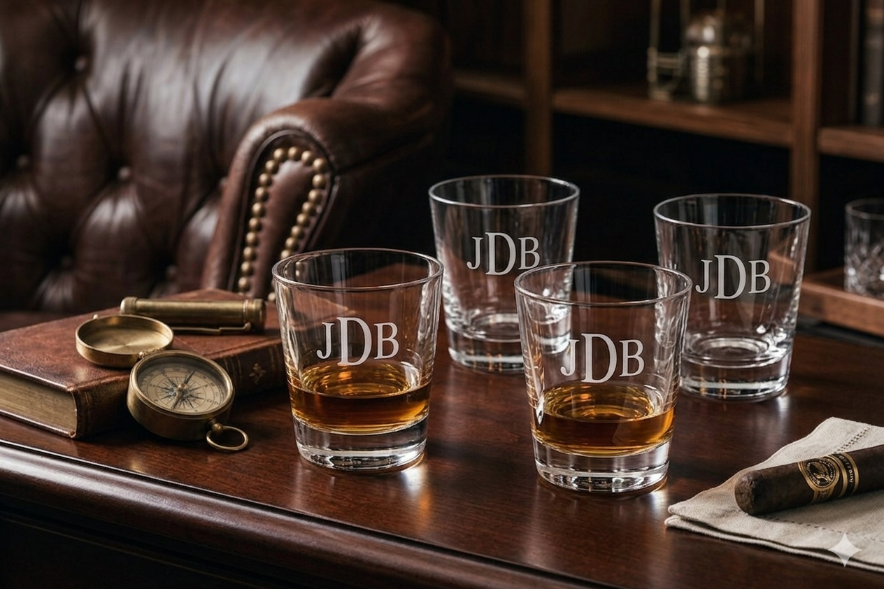 A crystal decanter and two cut-glass tumblers on a walnut table beside a lit candle in a dark library