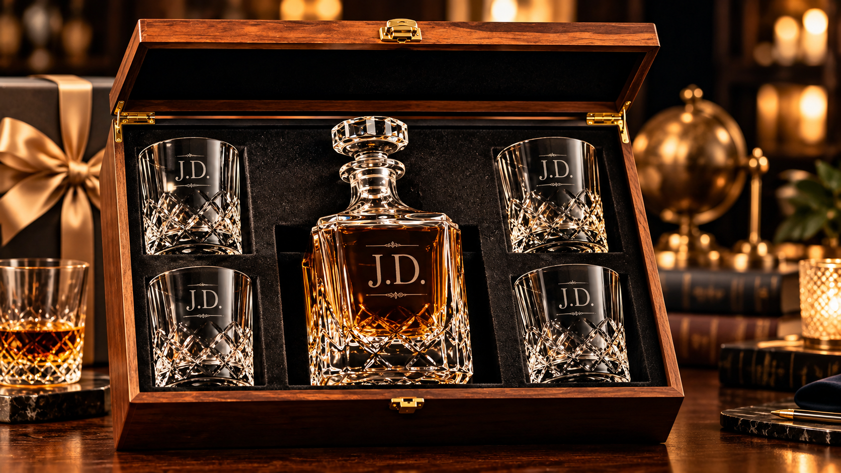 The Valerius Edition: an engraved crystal decanter and four monogrammed cut-crystal tumblers in an open walnut presentation box lined with black velvet