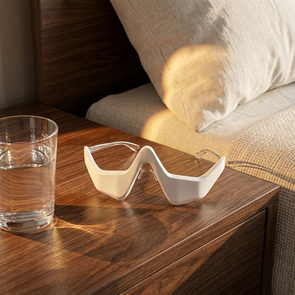 White futuristic angular sunglasses on wooden bedside table next to a glass of water and beige bed linens