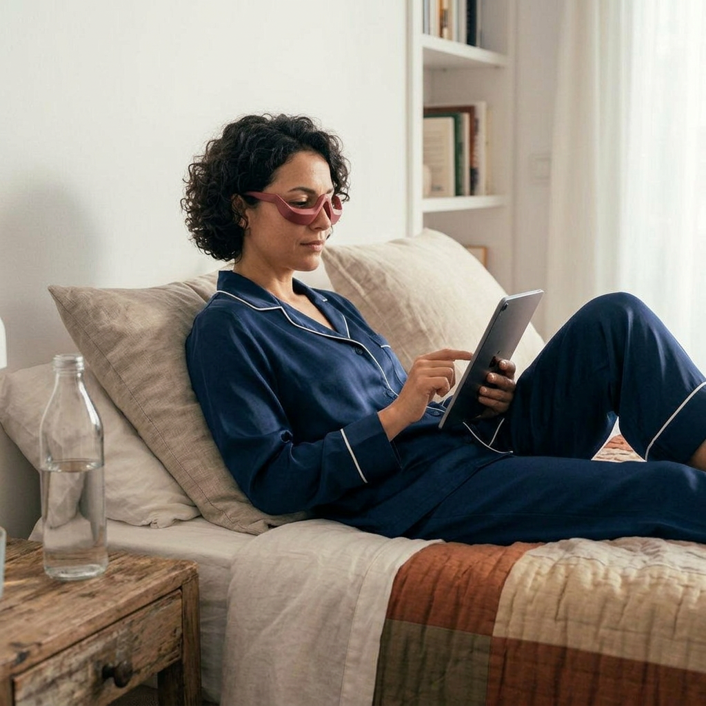 Woman lying on bed wearing blue pajamas and glasses, using a tablet