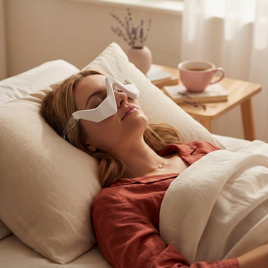 A woman lying in bed wearing a white eye massager, with a cup and book on a table nearby