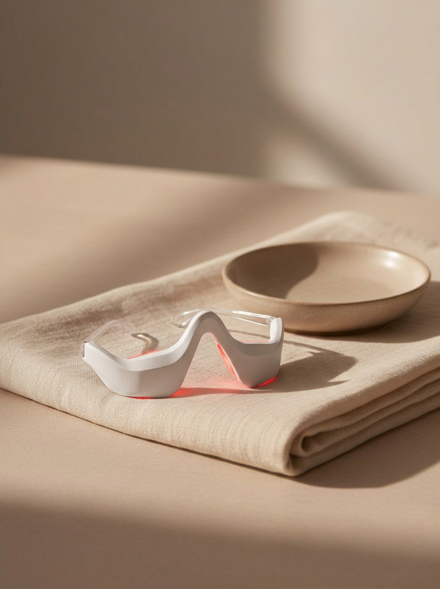 White LED therapy glasses resting on folded beige fabric beside a small beige bowl