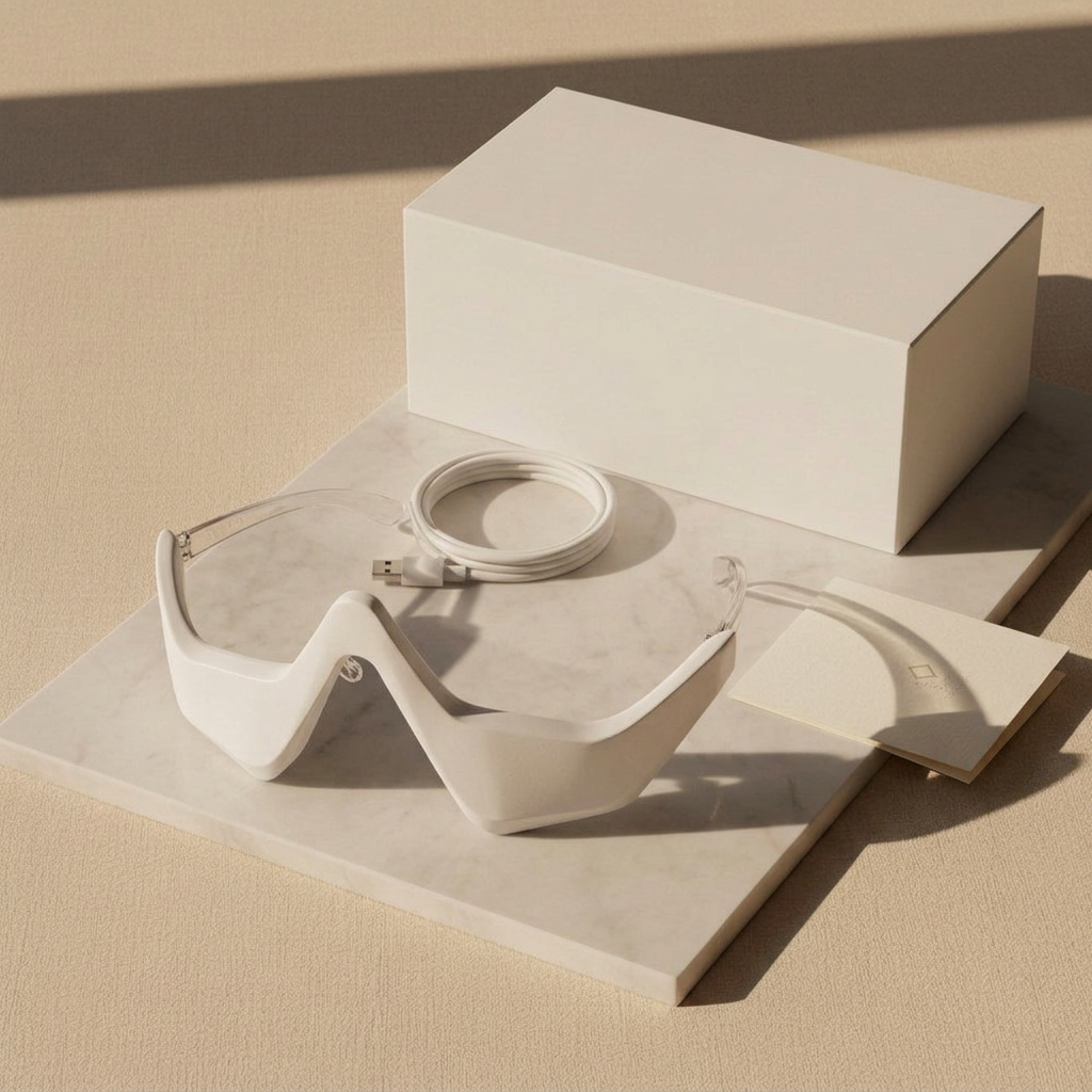 White smart glasses with a USB cable, box, and instruction manual on a marble surface