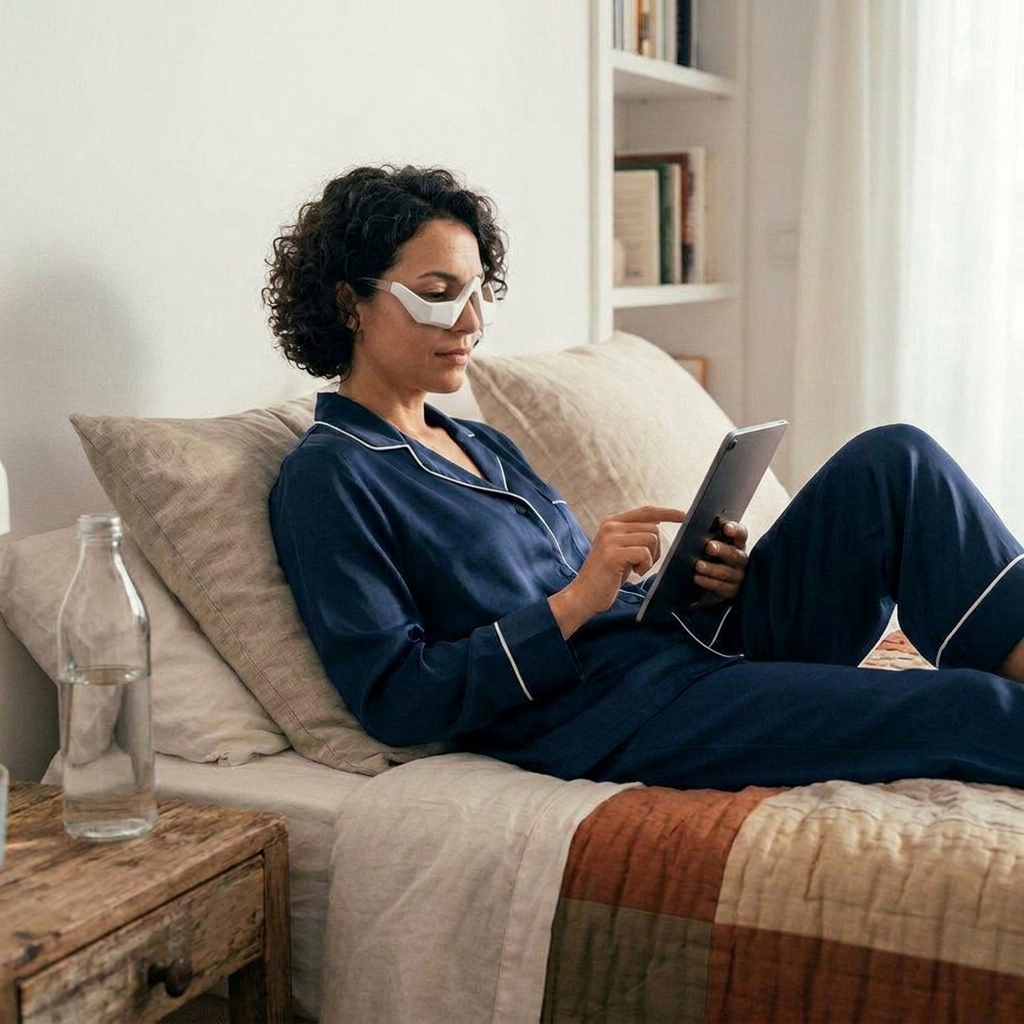 Woman in navy blue pajamas wearing eye mask device, sitting in bed, using a tablet