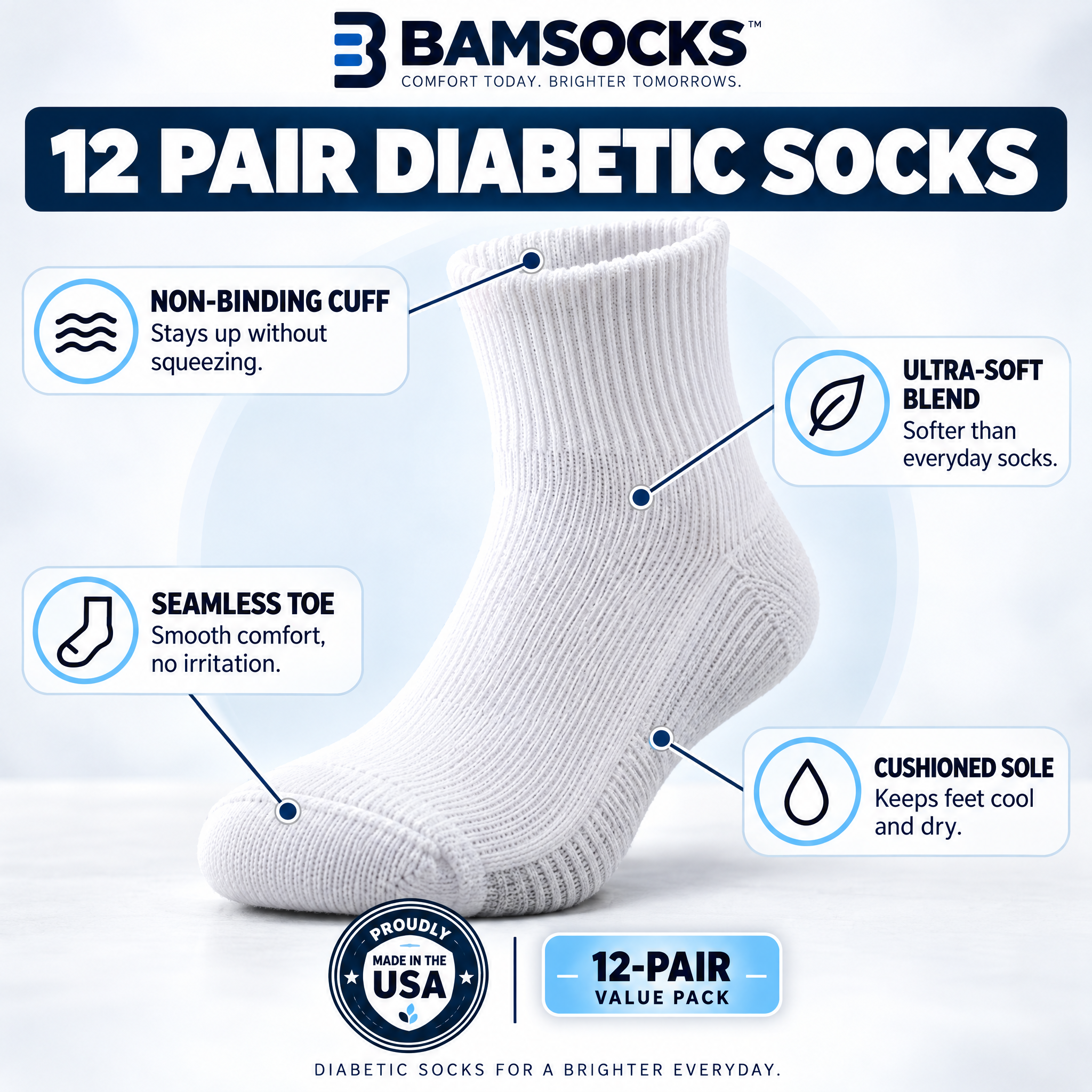 BAMSOCKS 12 Pair Diabetic Socks: non-binding cuff that stays up without squeezing, ultra-soft blend, seamless toe for no irritation, and cushioned sole that keeps feet cool and dry. Proudly made in the USA, 12-pair value pack.