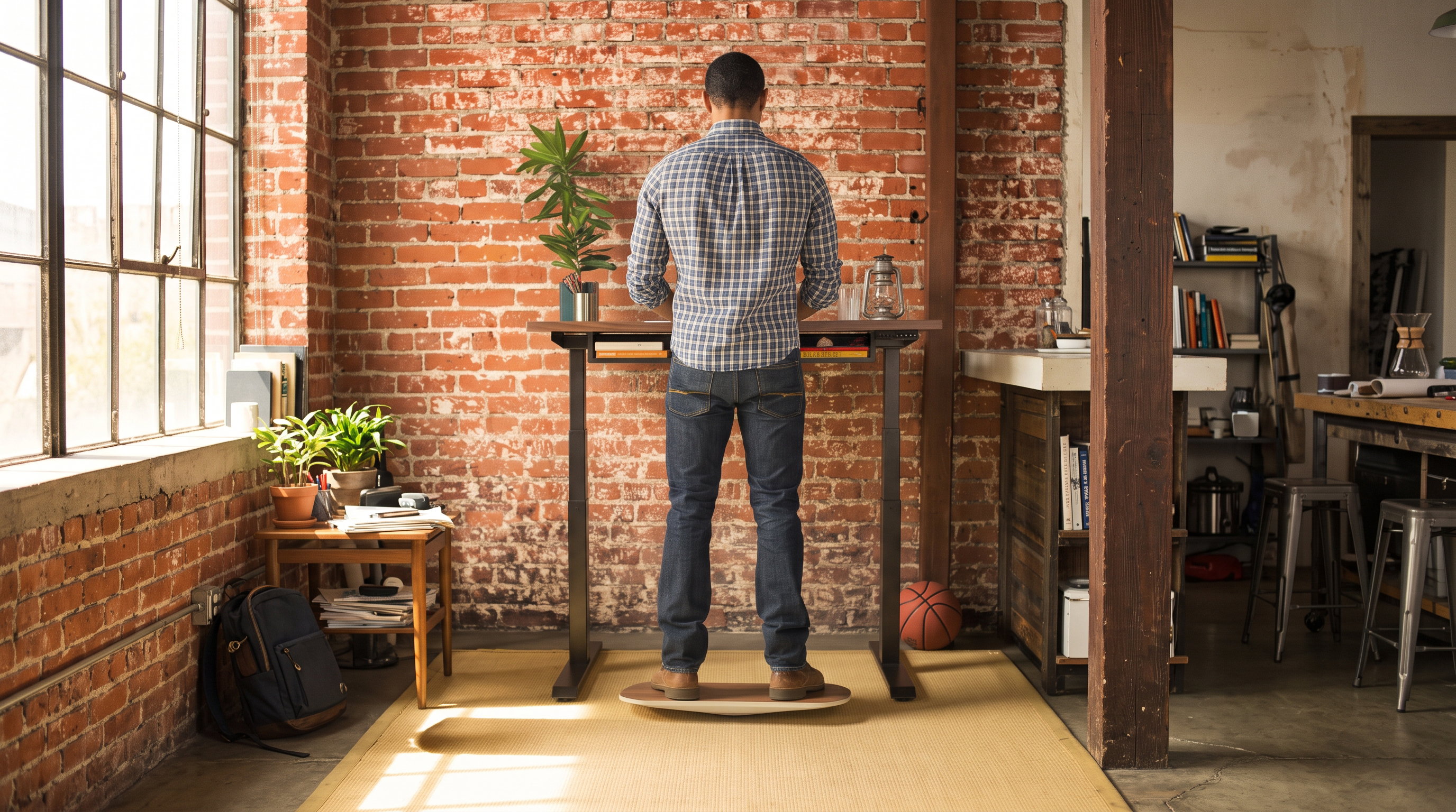 A man in a plaid shirt and jeans, seen from behind, working at a raised standing desk against a red brick wall in a sunlit loft office while balancing on a FluidStance deck