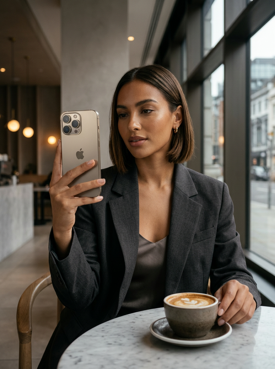 A woman in a blazer taking a selfie with an iPhone while holding a cup of coffee in a café
