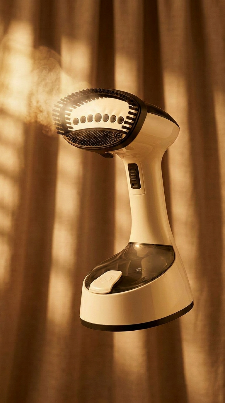 White handheld clothes steamer emitting steam with curtain background