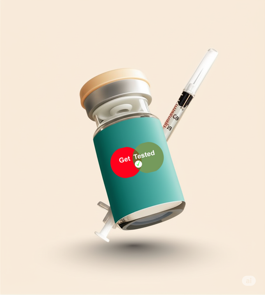 Vaccine vial with "Get Tested" label and syringe against a beige background.
